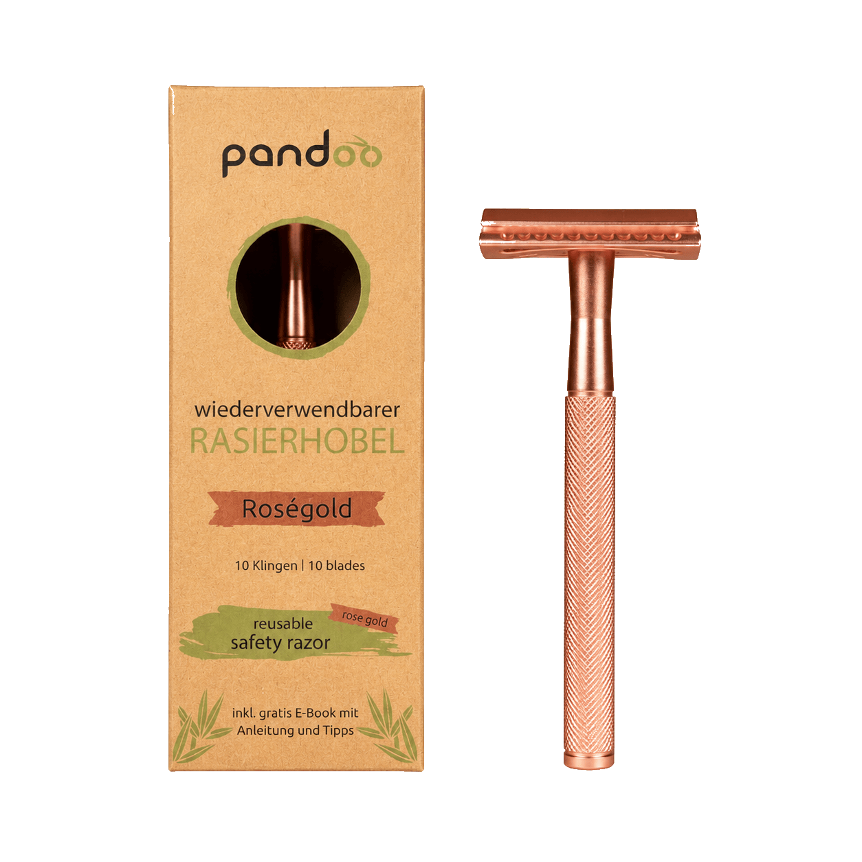 pandoo Rasierhobel Rosegold Rasierhobel aus Metall | inkl. 10 Klingen und E-Book