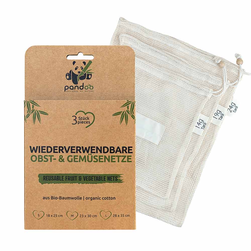 pandoo Gemüsenetz 3er Pack Obst- und Gemüsenetze | 3er- und 6er-Set | Bio Baumwolle