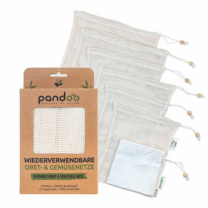 pandoo Gemüsenetz 6er Pack inkl. Brotbeutel Obst- und Gemüsenetze | 3er- und 6er-Set | Bio Baumwolle
